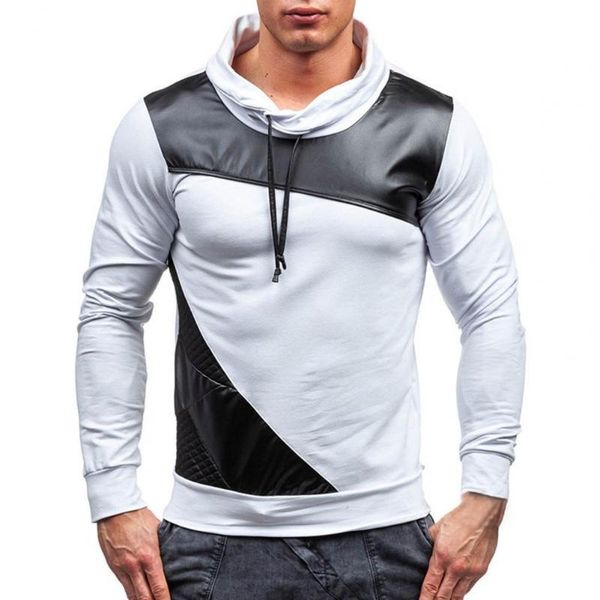 

men's hoodies & sweatshirts slim men sweatshirt high collar drawstring patchwork contrast colors spring autumn casual male pullover clo, Black