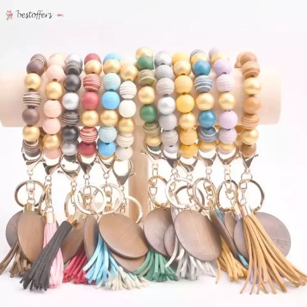 

bracelet keychain wood beaded tassels keychain party favor personalized disc oranament souvenir wristlet key ring women wrist bn11