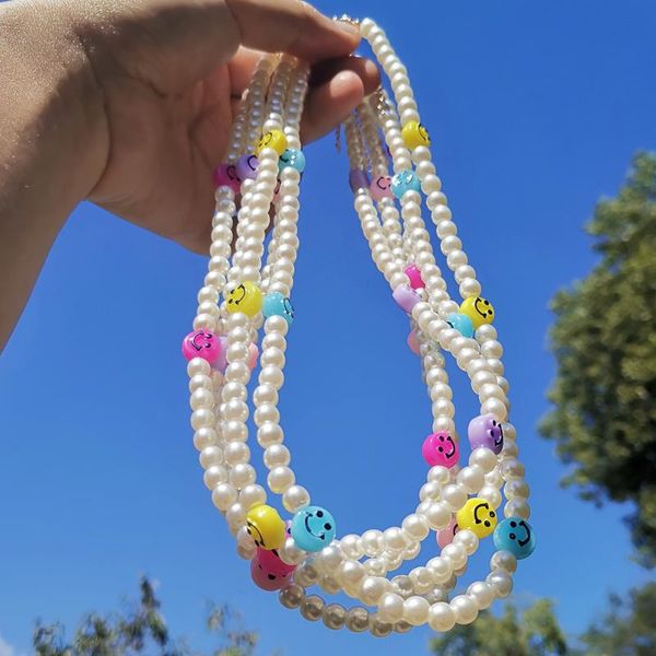 

chokers zx full handmade simulated pearl beaded chain choker necklace cute similey face beads statement wholesale jewelry women, Golden;silver