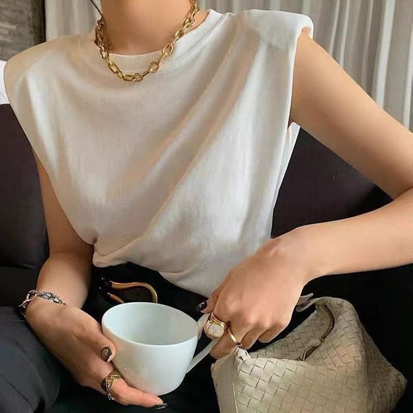 

women solid sleeveless t-shirt tee girls summer padded shoulder pullover o-neck cotton casual women's, White