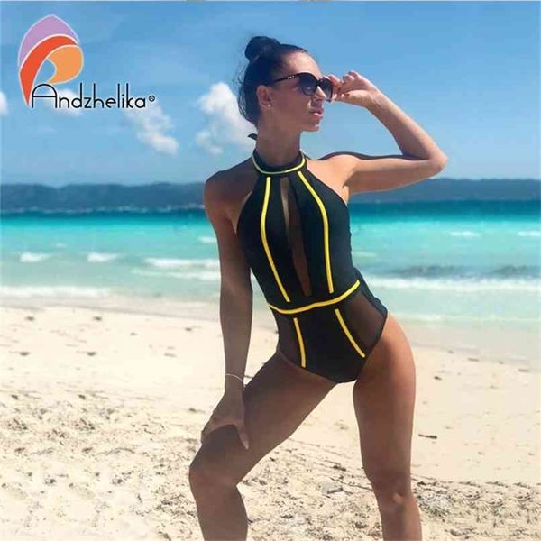 

andzhelika swimsuit mesh patchwork swimwear strapless girl backless bodysuit summer bathing suit monokini ak75064 210702, White;black