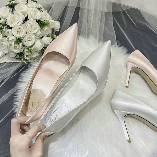 

dress shoes wedding white high heels women's fine-heeled satin single champagne color bridesmaid large size 42 43, Black