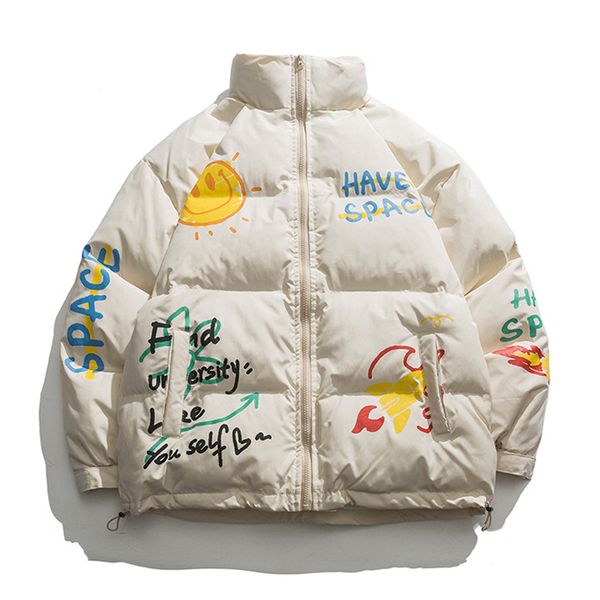 

japanese street winter cartoon down jacket men women hip hop graffiti thicken cotton clothes windbreaker casual oversize parkas, Black