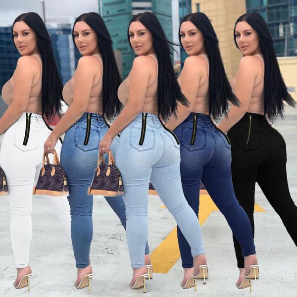 

women's jeans high-waist slim-fit zipper decoration hand-worn white female, Blue