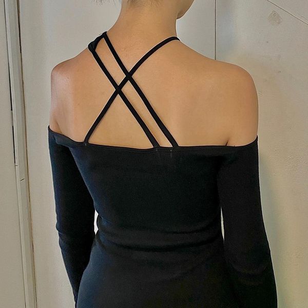 

dress club outfits for women halter cross hollow off shoulder long sleeve dresses black vestidos 2021 n33-cz19, Black;gray