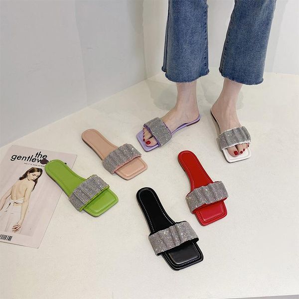

slippers 2021 woman crystal fashion female summer rhinestone soft bottom slides ladies beach sewing square toe flat, Black