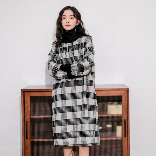 

casual dresses autumn winter women dress fashion loose hooded plaid woolen cloth korean style female bing 2021, Black;gray