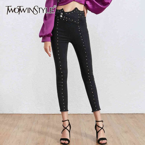 

black patchwork rivet trouser for women high waist slim casual pencil pants female spring fashionable new clothes 210428, Black;white