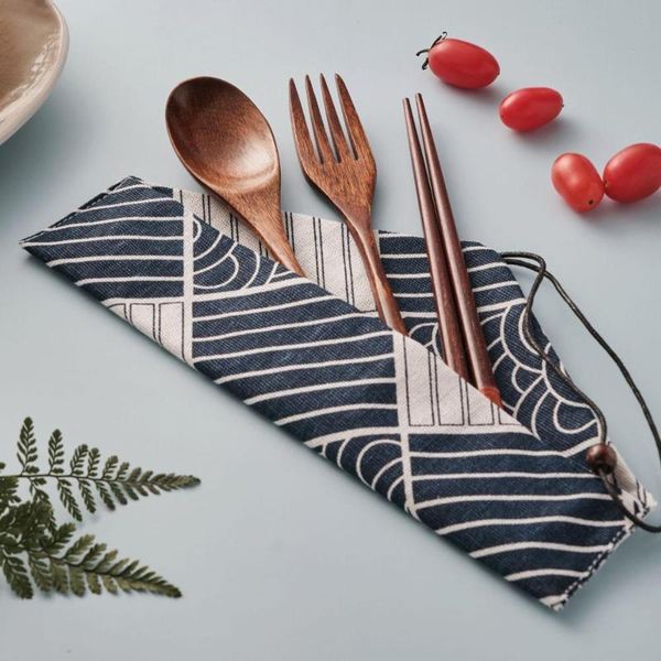 

visual touch portable tableware wooden cutlery sets with useful spoon fork chopsticks travel gift dinnerware suit cloth bag