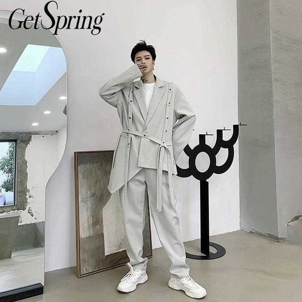 

getspring women set bandage asymmetric s suits blazer with pants fashion black pant suit plus size 210601, White;black