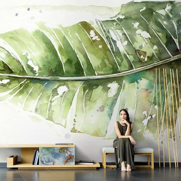 

wallpapers peel and stick-living room decor- giant leaf- tropical wallpaper- soft watercolor removable wallposter