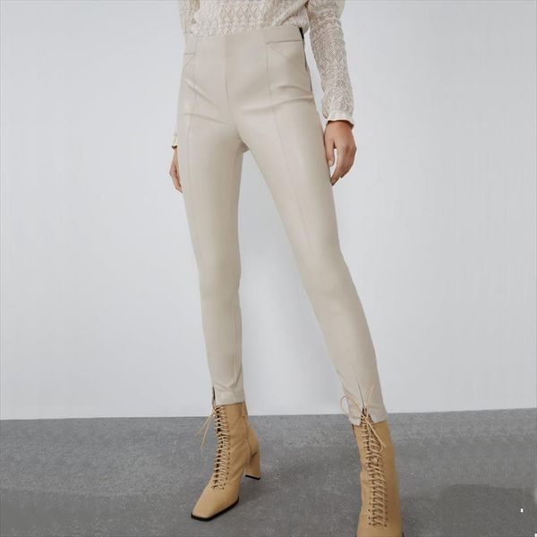 

fashion autumn winter high women capris wasit faux leather black beige fleece pu zippers skinny stretch pencil pants, Black;white