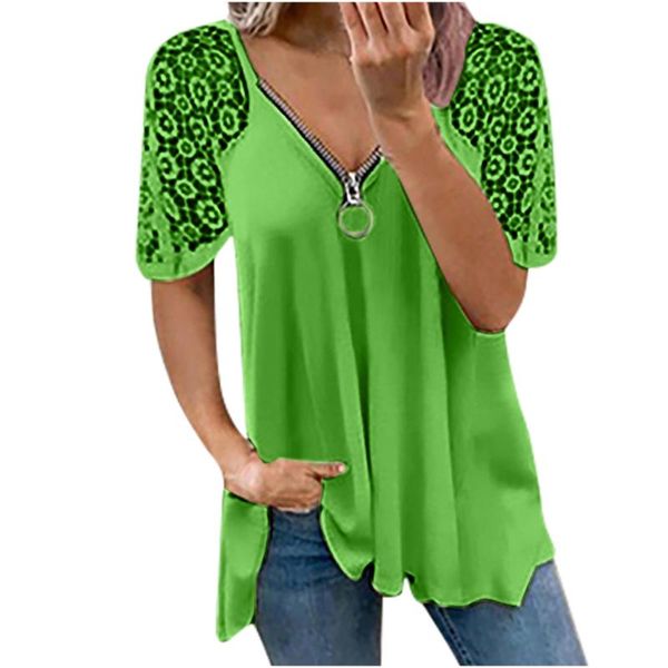 

women's t-shirt summer lace stitching short sleeve fashion v-neck solid color loose saco, White