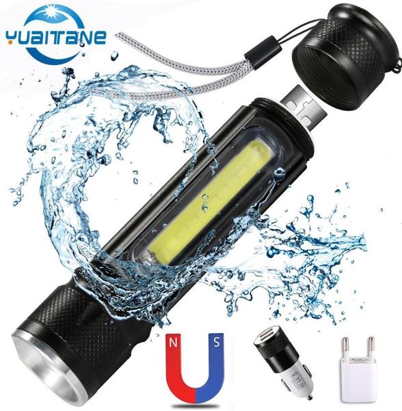 

multifunctional led usb rechargeable battery powerful t6 torch side cob light linterna tail magnet work flashlights torches