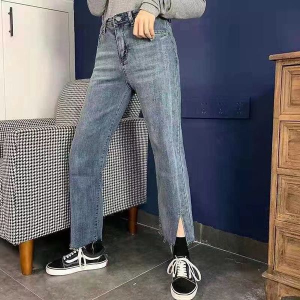 

jeans split female 2021 spring korean student high waist loose straight pants, Blue