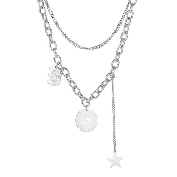 

sweater clavicle chain necklaces pendants for women sliver multilayer queen coin love tag stainless steel jewelry to girls birthday gifts, Silver