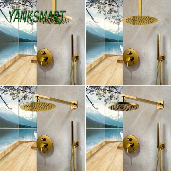 

gold polished bathroom shower set rainfall single handle double control faucet ceiling & wall mounted mixer tap sets