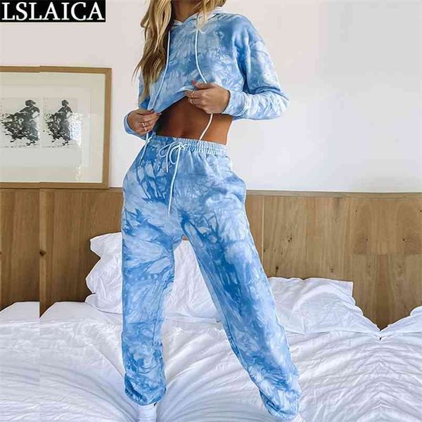 

2 peice set women tie dye hoodied sweatershirt lacing up two piece casual sport streetwear holiday matching s for 210515, White