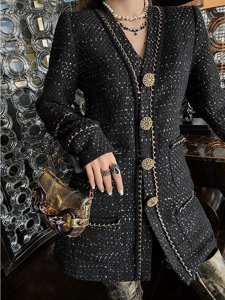 

casual dresses heavy craftsmanship stitching chain color sequins tweed quilted a-line dress ladies winter style personality, Black;gray