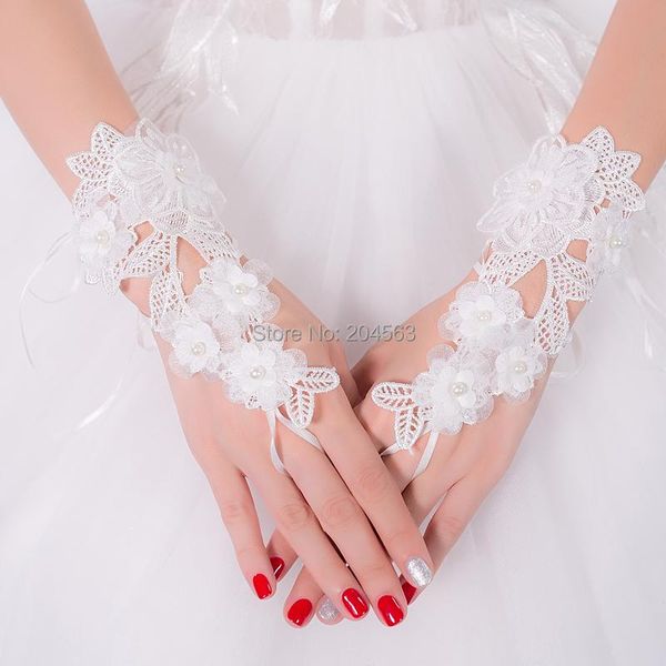 

bridal gloves stunning wedding party fingerless lace with flowers, White
