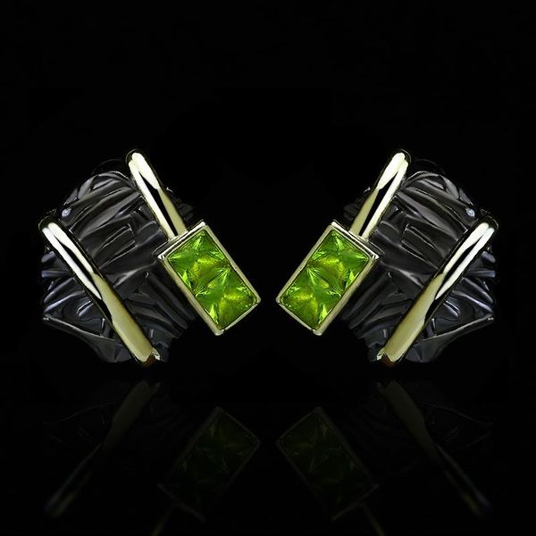 

stud unique 925 silver women's earrings black gold two-tone jewelry inlaid with green crystal party, Golden;silver