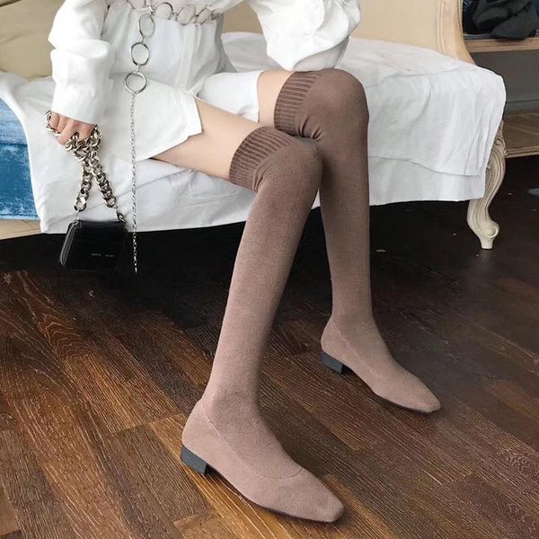 

boots thin stretch socks over the knee 2021 autumn and winter warm thick-heeled knit women's, Black