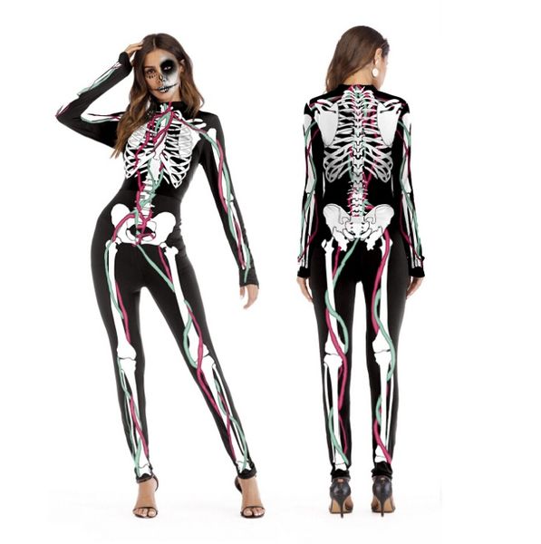 

2021 new halloween cosplay suits for women human skeleton pattern costumes halloween party skintight printed long sleeve bodysuit