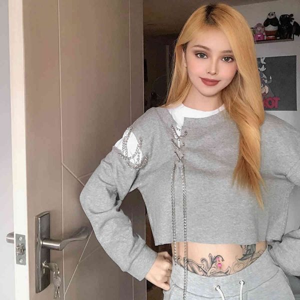 

sweet cool girl design two pieces of grey sweater for women's autumn short chain top, Black