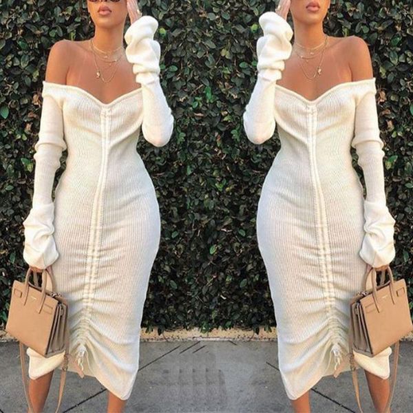 

casual dresses autumn white women long sleeve bandage dress drawstring cold shoulder midi backless, Black;gray