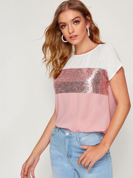 

contrast sequin cut-and-sew curved hem 26kk#, White