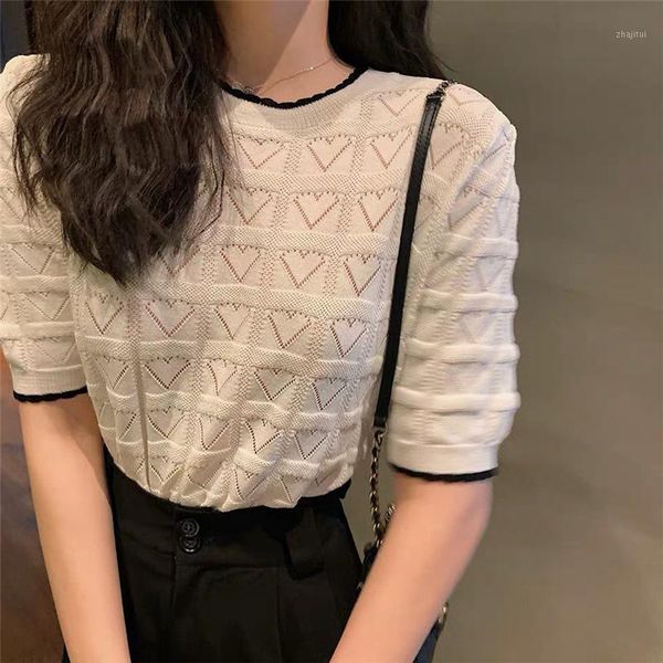 

women's sweaters summer contrast color knitted women sweater plaid heart hollow out half sleeve o neck t shirt female fashion ladies, White;black