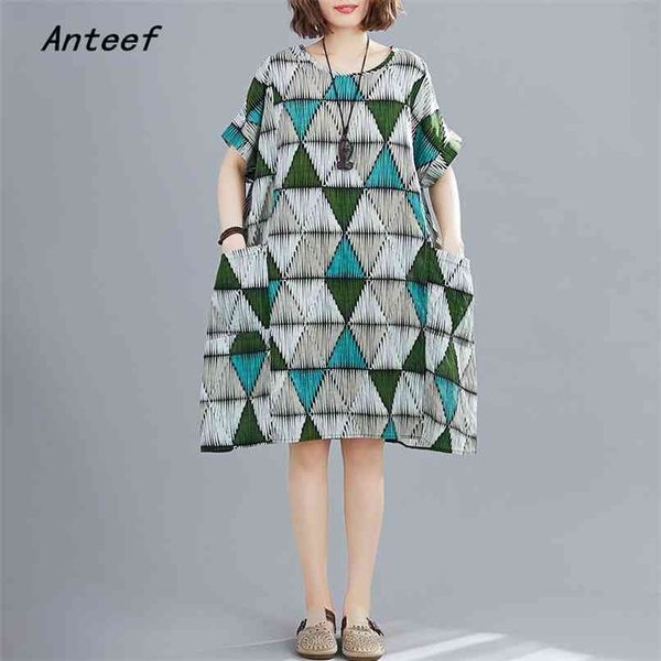 

short sleeve plus size cotton linen vintage plaid dresses for women casual loose midi summer dress elegant clothes sundress 210517, Black;gray