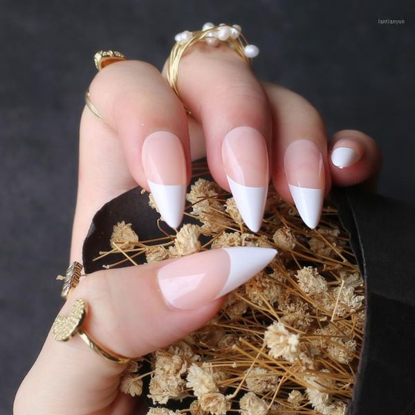 

long stiletto nails white tip nude french fasle sheer pink fake nail 24pcs1, Red;gold