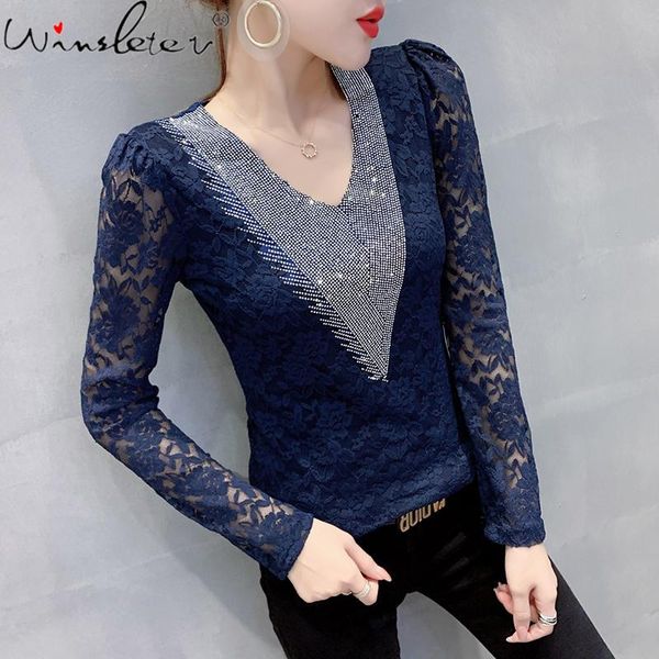 

women's t-shirt spring fall european clothes girl fashion shiny diamonds lace women long sleeve all match tees t0d410a, White