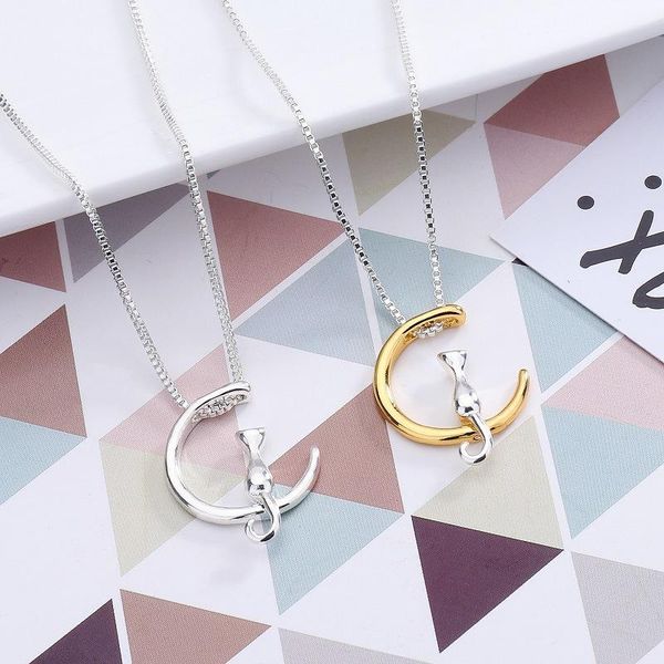 

pendant necklaces style simple temperament cute moon cat necklace clavicle chain, Silver