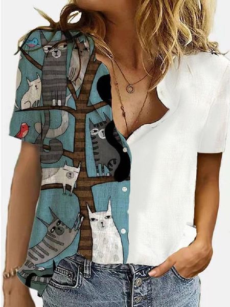 

women's t-shirt vintage women summer patchwork button shirt short sleeve casual loose print tee cat t plus size, White