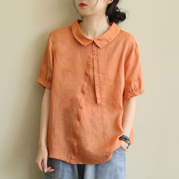 

t shirts summer arts style women short sleeve peter pan collar loose shirt all-matched casual cotton linen blouses plus size s934 e1zi, White