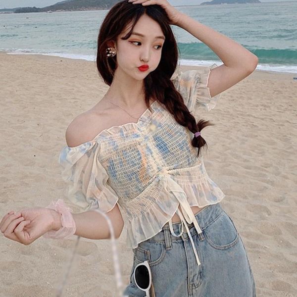 

women's blouses & shirts chiffon blouse women summer fashion pleated contrast color square collar female short sweet, White