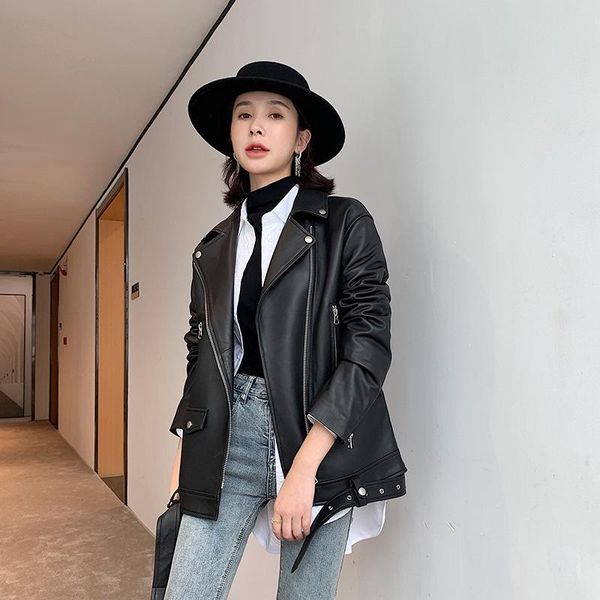 

women's leather & faux 2021 autumn and winter clothes medium long sheepskin loose locomotive jacket korean, Black