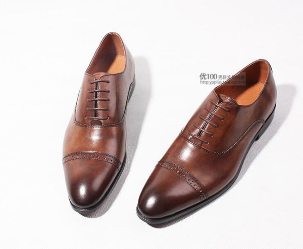 

dress shoes men low heel pointed toes genuine leather lace-up business male formal brogue patchwork carved, Black