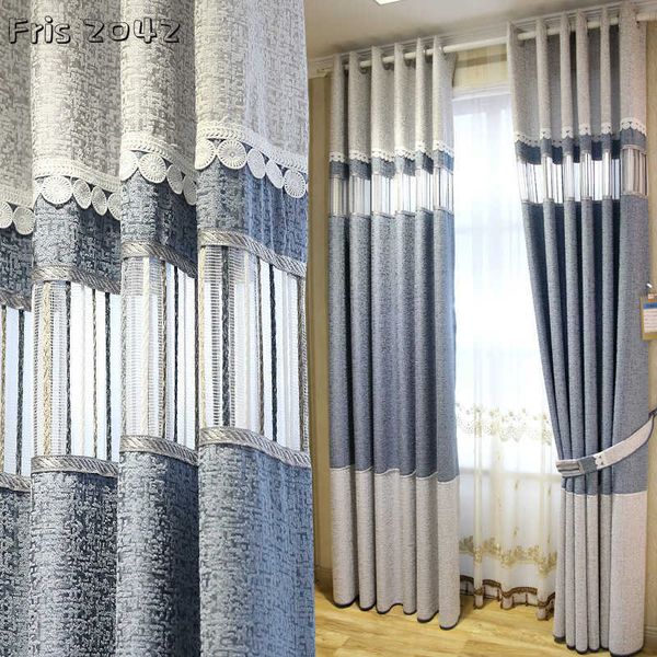 Simples e moderno algodão nórdico e linho oco sombreamento de costura cortina sala de estar quarto cortina 210712
