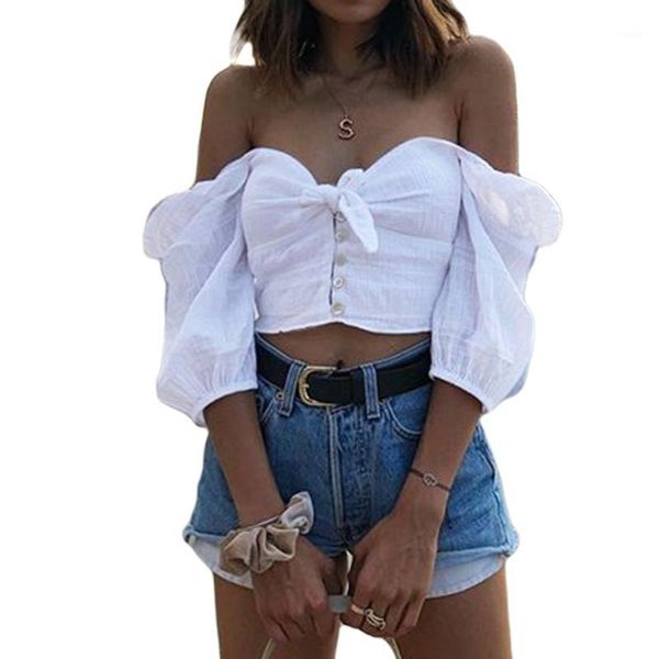 

women's bowknot puff sleeve t-shirt fashion off shoulder square neck cropped solid color blouses & shirts, White