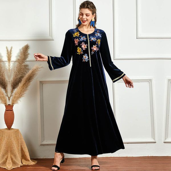 

winter muslim veet dress women embroiedry floral moroccan kaftan long robe abaya islamic clothing turkey hijab arabic dresses, Red