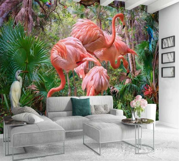 

custom 3d wallpaper mural modern minimalist hand-painted tropical plants flamingo tv background wall wallpapers