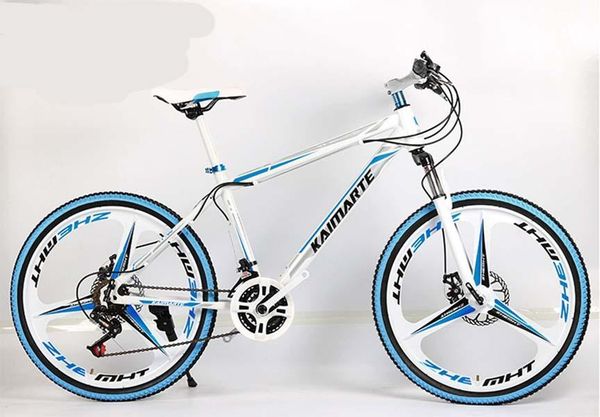 

26 inch 21 speed white blue three knife one wheel mountain bike cross country bicycle high carbon steel mountain bike