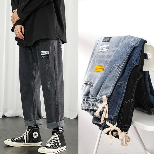 

men's jeans mens korean fashion blue pants 2021 vintage straight harajuku baggy belt denim harem