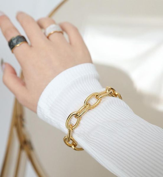 

link, chain punk trendy gold color oval link bracelets for women minimalist thick metal charm hip hop party jewelry gift, Black