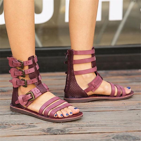 

straps female sandals genuine leather summer boots back zipper gladiator sandal flat beach shoes woman sandalias mujer, Black