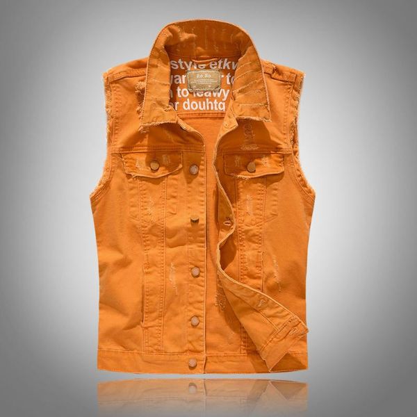 

men's jackets fashion orange denim vest ripped jacket casual vests men retro sleeveless slim fit jeans tank plus size, Black;brown