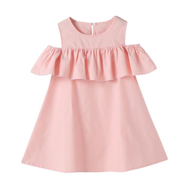 

fashion pink solid dresses for kids cotton girls summer off-shoulder children ruffles dress girl's, Red;yellow